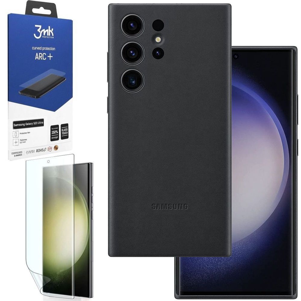 Oryginalne Etui Leather Case | Czarne + FOLIA 3mk ARC+ do Samsung Galaxy S23 Ultra