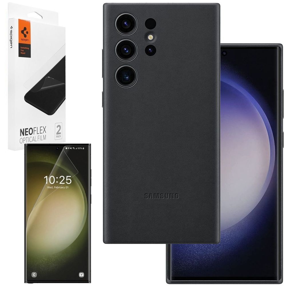 Oryginalne Etui Leather Case | Czarne + 2x FOLIA Spigen do Samsung Galaxy S23 Ultra