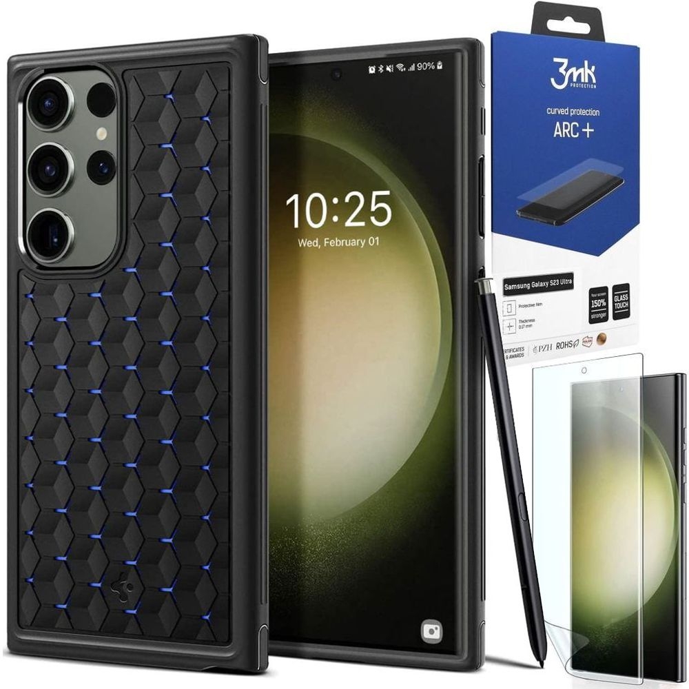 Etui SPIGEN Cryo Armor | Matte Black + FOLIA 3mk ARC+ do Samsung Galaxy S23 Ultra