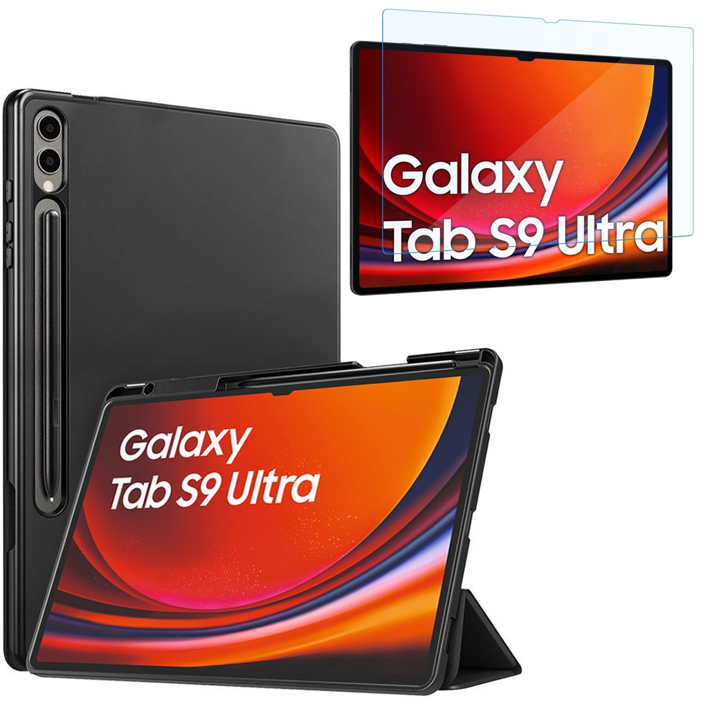 Zamykane Etui Smart Case | Czarne + SZKŁO do Samsung Galaxy Tab S9 Ultra 14.6&#8243;