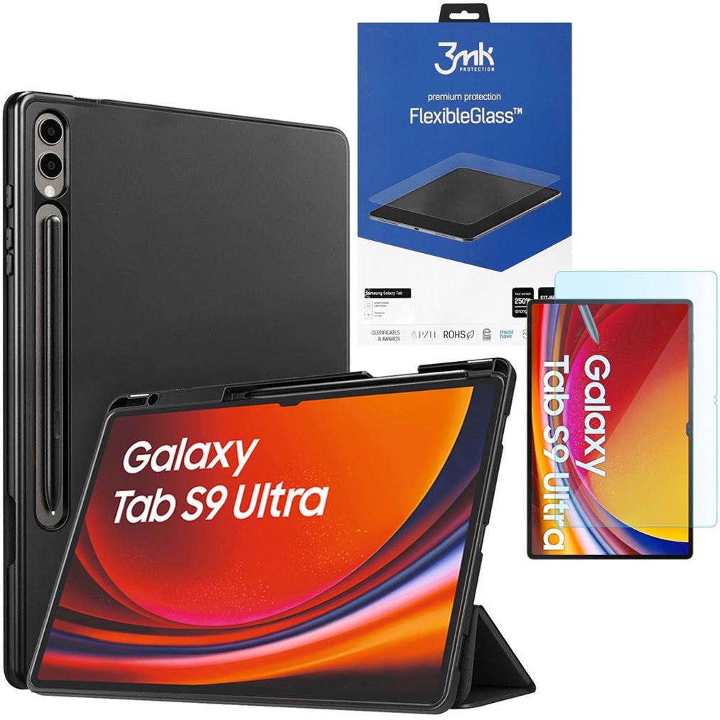 Zamykane Etui Smart Case | Czarne + SZKŁO 3mk FG do Samsung Galaxy Tab S9 Ultra 14.6&#8243;