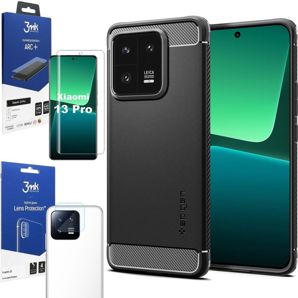 Etui SPIGEN Rugged Armor | Black + FOLIA 3mk ARC+ + 4x APARAT do Xiaomi 13 Pro