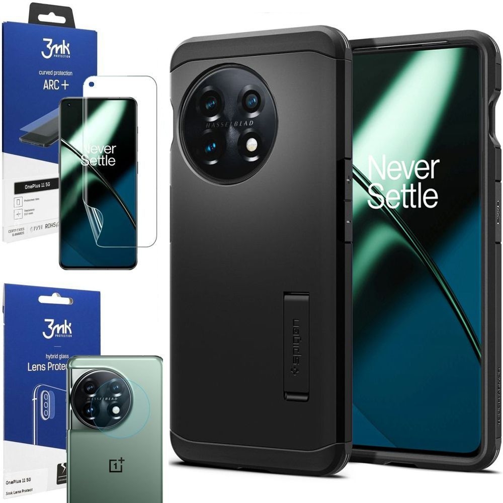 Pancerne Etui SPIGEN Tough Armor | Black + FOLIA 3mk ARC+ + 4x APARAT do OnePlus 11 5G