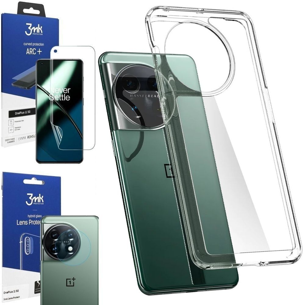Etui SPIGEN Ultra Hybrid | Crystal Clear + FOLIA 3mk ARC+ + 4x APARAT do OnePlus 11 5G