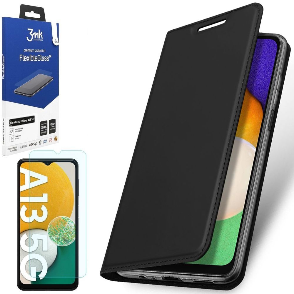 Etui z Klapką | DUX DUCIS | Skin Pro | Black + SZKŁO 3mk do Samsung Galaxy A13 5G