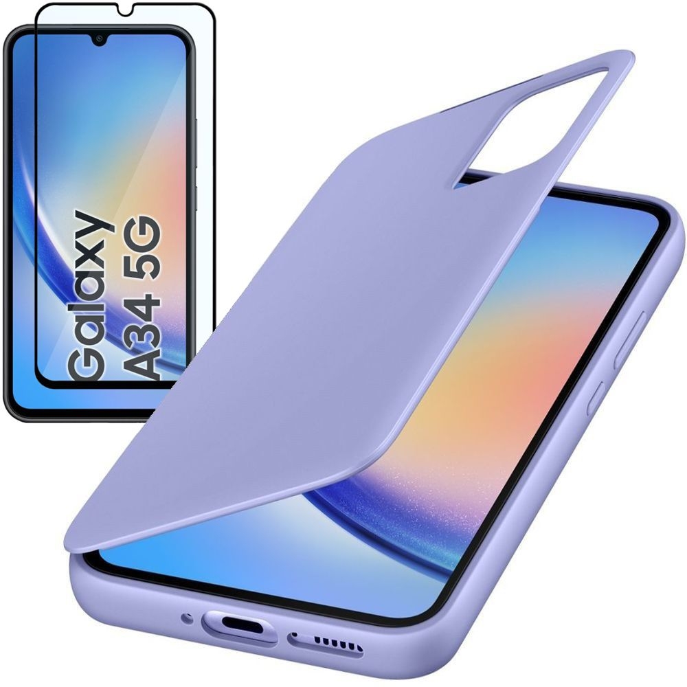Oryginalne Etui Smart View Wallet Case | Fioletowe + SZKŁO 5D do Samsung Galaxy A34 5G