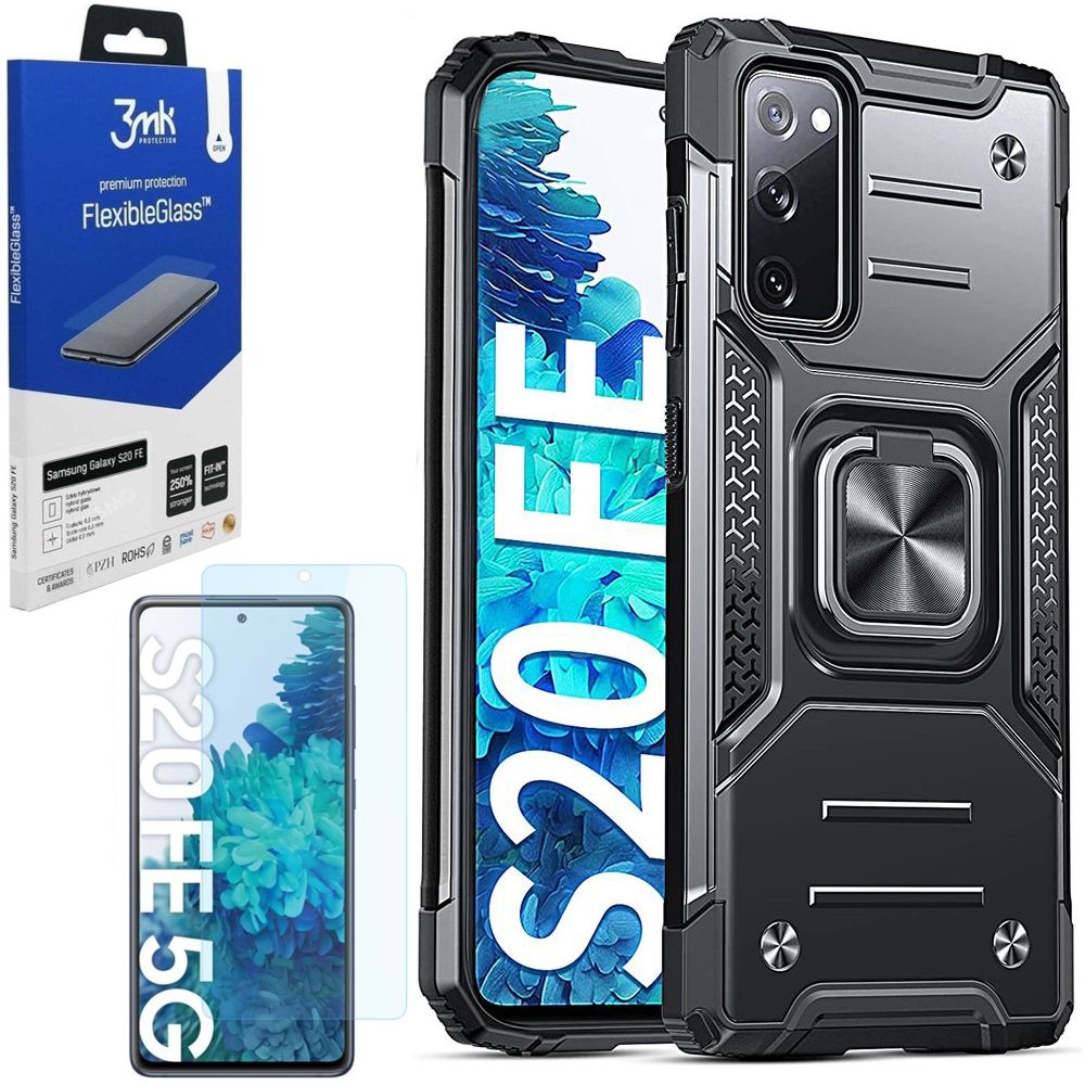 Hybrydowe Etui Armor Ring | Czarne + SZKŁO 3mk FG do Samsung Galaxy S20 FE / 5G