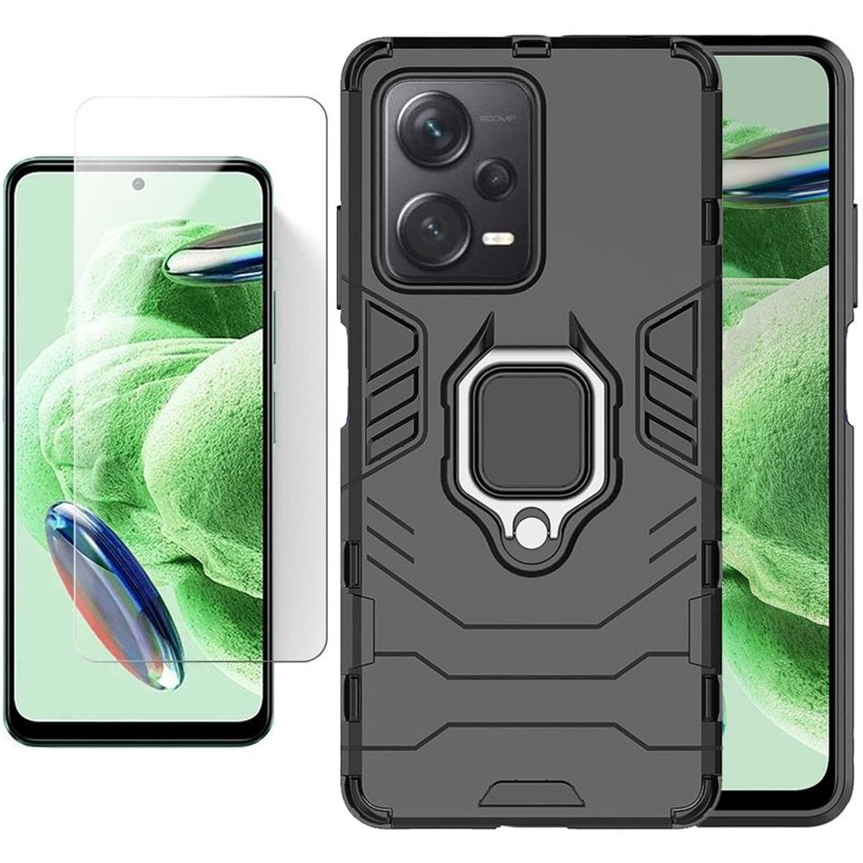 Hybrydowe Etui Armor Ring | Czarne + SZKŁO do Xiaomi Redmi Note 12 5G