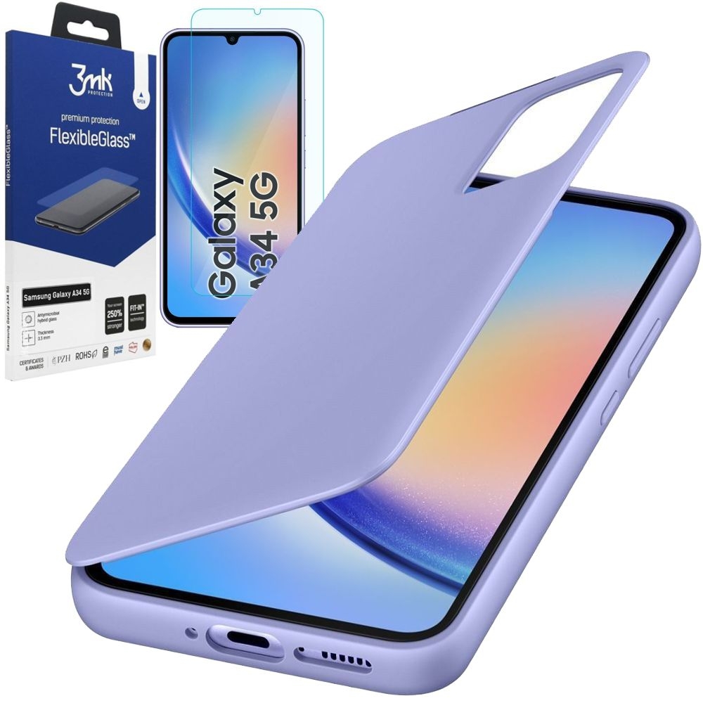 Oryginalne Etui Smart View Wallet Case | Fioletowe + SZKŁO 3mk do Samsung Galaxy A34 5G