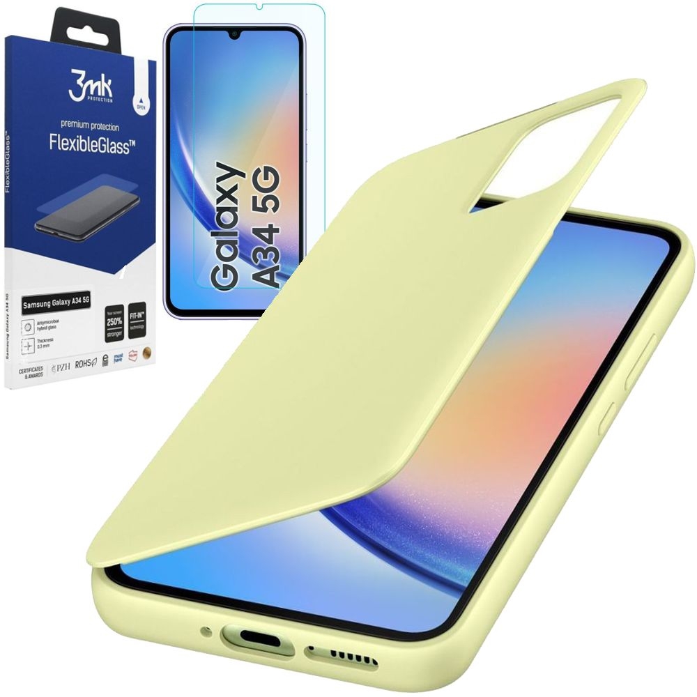 Oryginalne Etui Smart View Wallet Case | Limonkowe + SZKŁO 3mk do Samsung Galaxy A34 5G