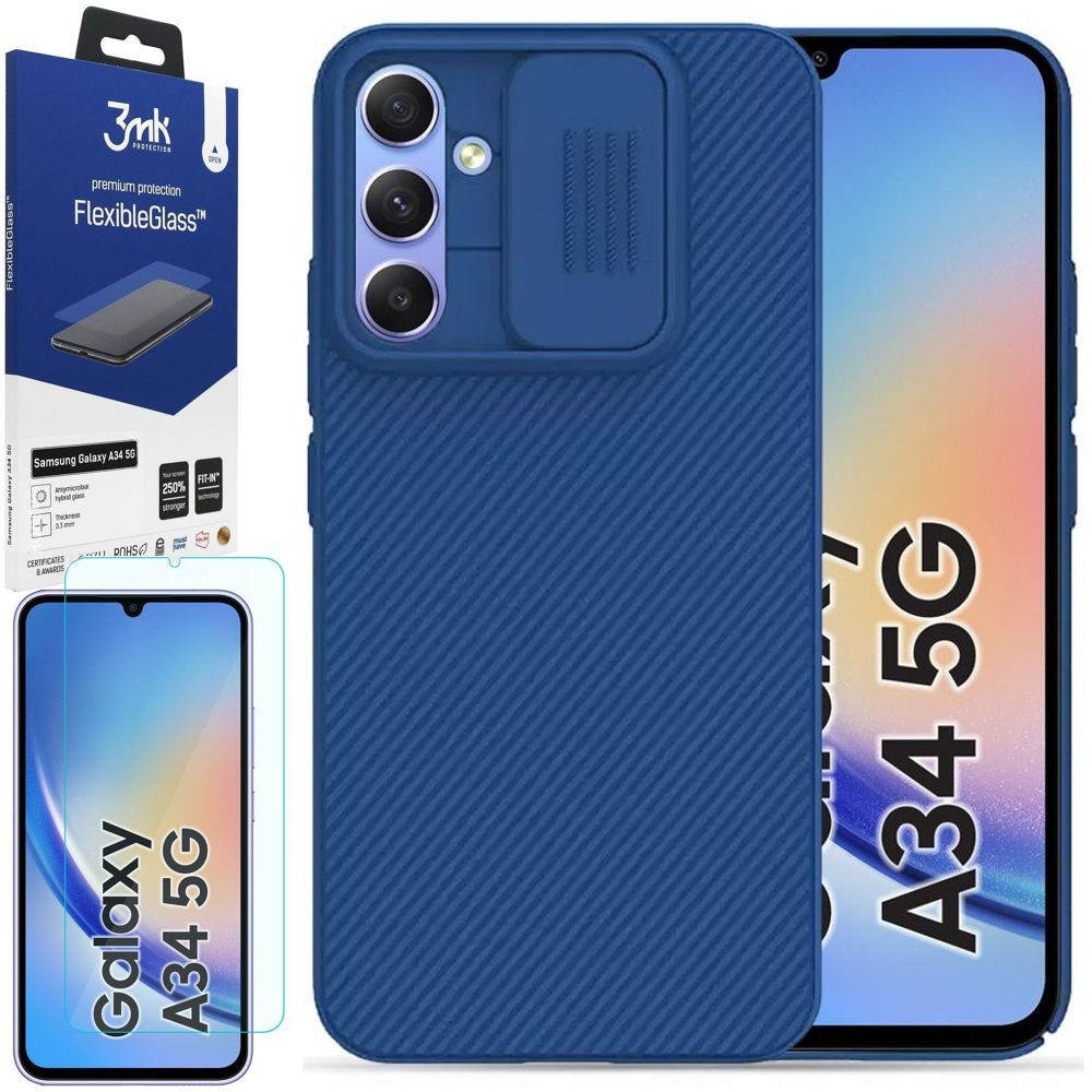 Etui NILLKIN CamShield | Niebieskie + SZKŁO 3mk do Samsung Galaxy A34 5G