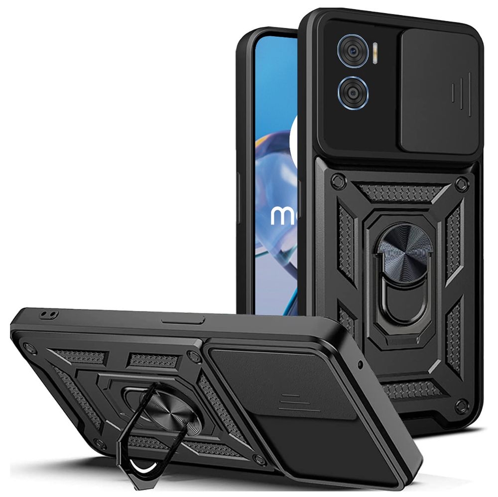 Hybrydowe Etui Ring Camshield | Czarne do Motorola Moto E22 / E22i