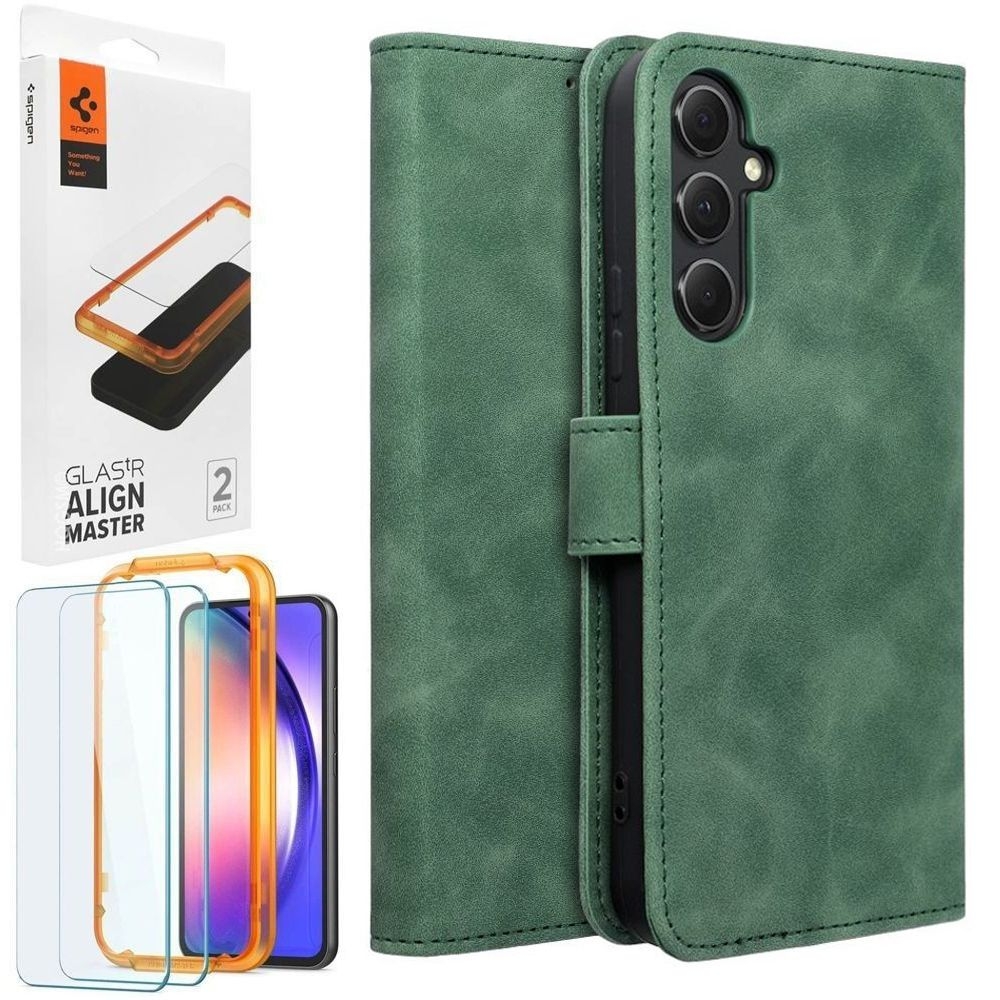 Etui z Klapką Wallet Case | Zielone + 2x SZKŁO Spigen do Samsung Galaxy A54 5G
