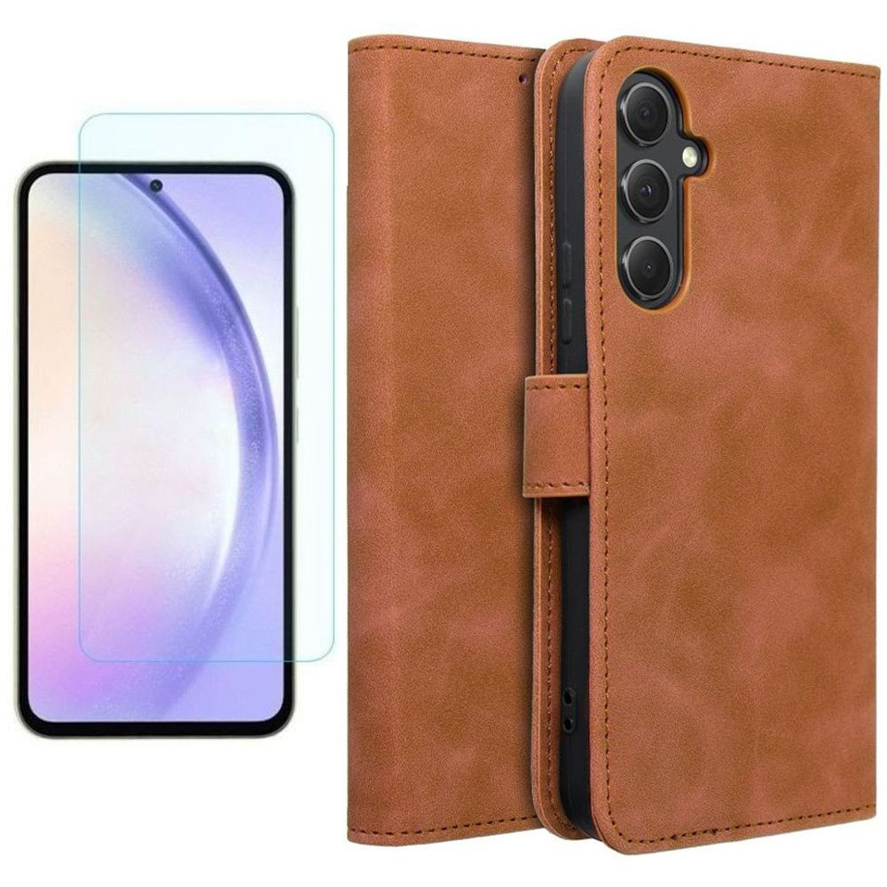 Etui z Klapką Wallet Case | Brązowe + SZKŁO do Samsung Galaxy A54 5G