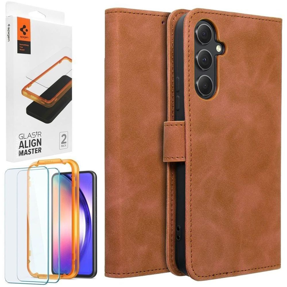 Etui z Klapką Wallet Case | Brązowe + 2x SZKŁO Spigen do Samsung Galaxy A54 5G