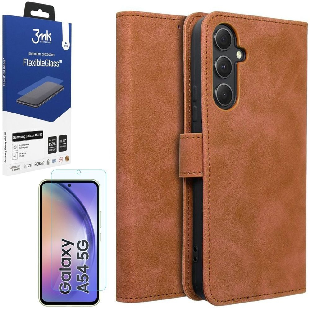 Etui z Klapką Wallet Case | Brązowe + SZKŁO 3mk do Samsung Galaxy A54 5G