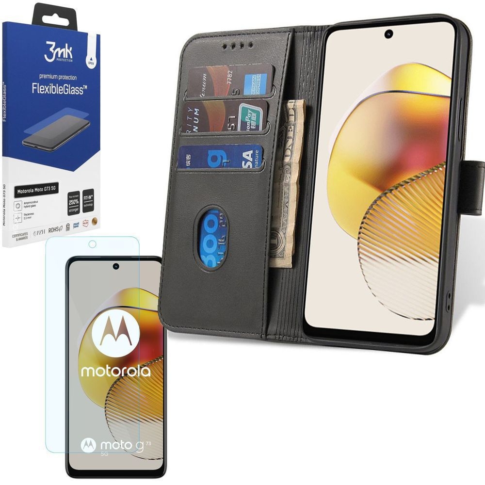 Etui z Klapką Wallet Case | Czarne + SZKŁO 3mk do Motorola MOTO G73 5G