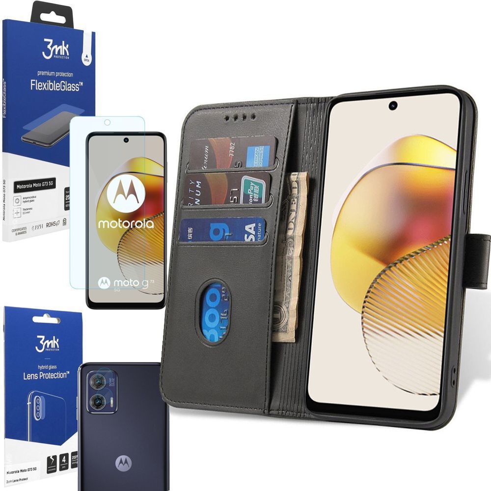 Etui z Klapką Wallet Case | Czarne + SZKŁO 3mk + 4x APARAT do Motorola MOTO G73 5G