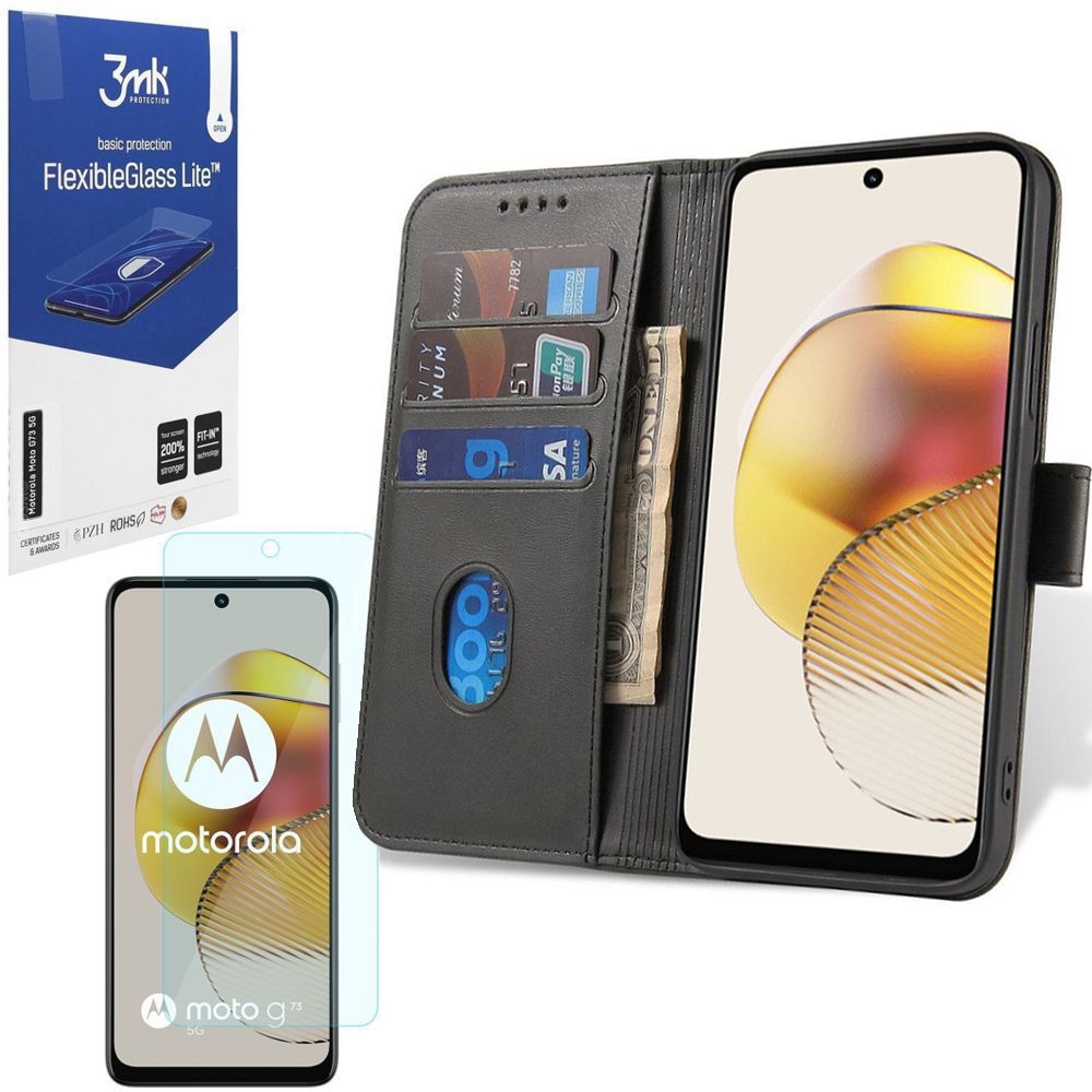 Etui z Klapką Wallet Case | Czarne + SZKŁO 3mk FG Lite do Motorola MOTO G73 5G