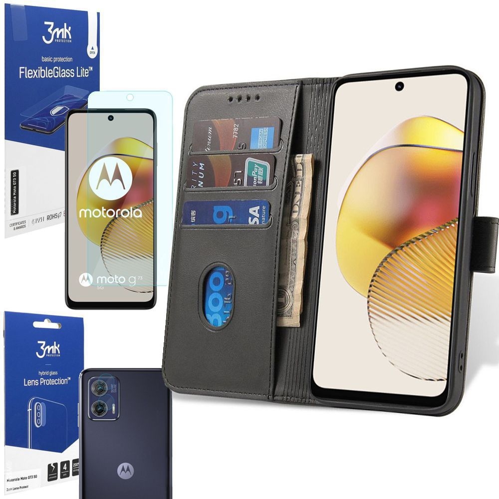 Etui z Klapką Wallet Case | Czarne + SZKŁO 3mk FG Lite + 4x APARAT do Motorola MOTO G73 5G