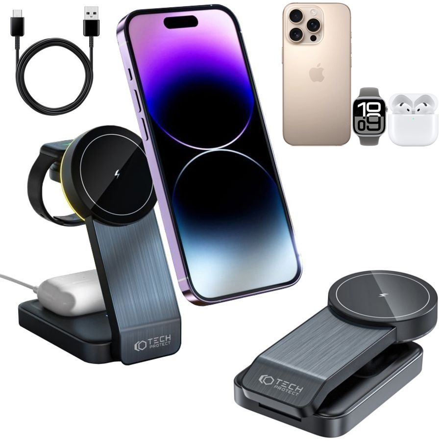 Stacja MagSafe 3w1  | Składana Ładowarka Indukcyjna Qi Stojak | 15W | Czarna