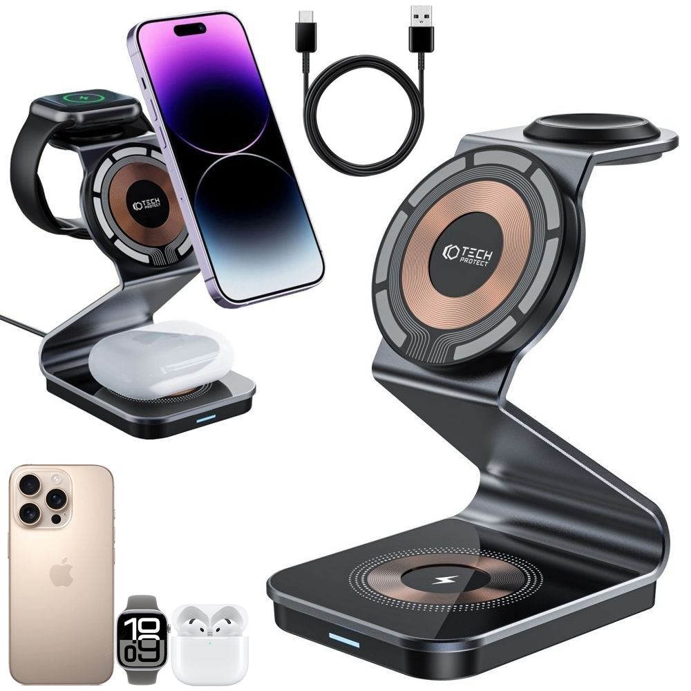 Stacja 3w1 | Metalowa Ładowarka Indukcyjna MagSafe | 15W | Copper Black