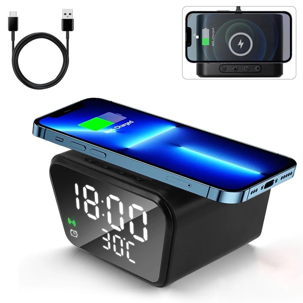 Stacja Ładowarka Indukcyjna 15W | Zegar z Budzikiem + Termometr