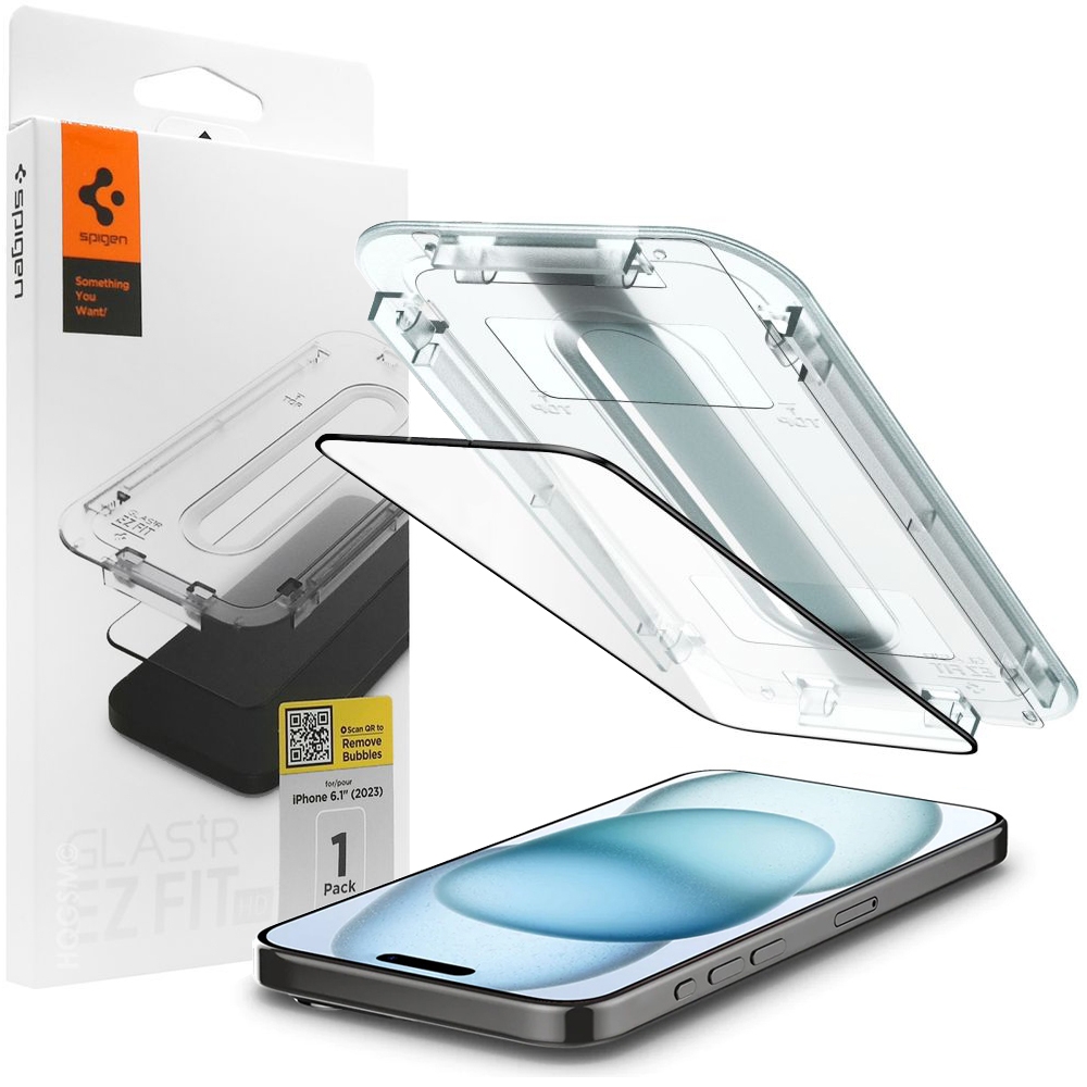 Szkło Hartowane SPIGEN GLAS.tR EZ FIT + Ramka | Full Cover do Apple iPhone 15 |