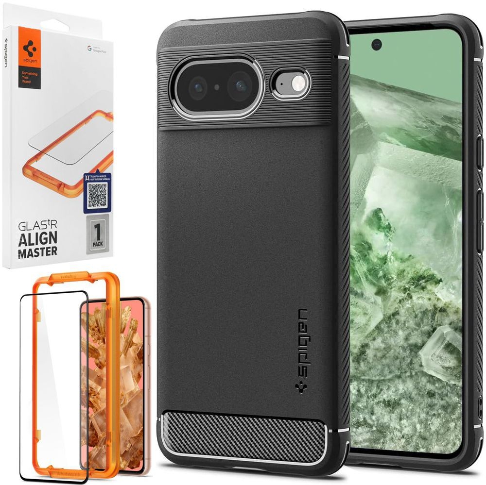Etui SPIGEN Rugged Armor | Black + SZKŁO Spigen FC do Google Pixel 8 |