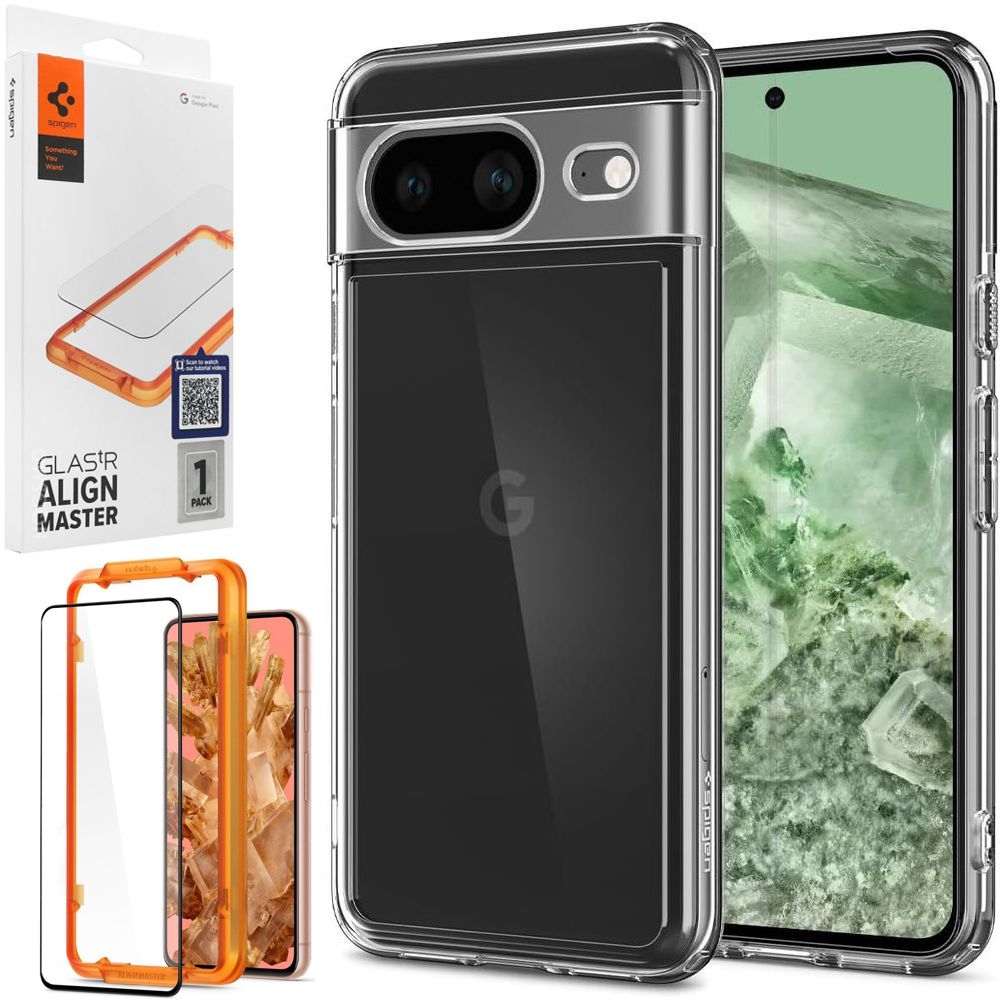 Etui SPIGEN Ultra Hybrid | Crystal Clear + SZKŁO Spigen FC do Google Pixel 8 |