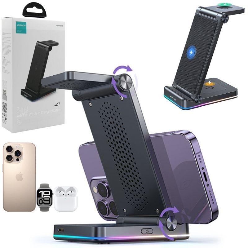 Joyroom Stacja 3w1 | Składana Ładowarka Indukcyjna Qi Stojak | 15W | Czarna