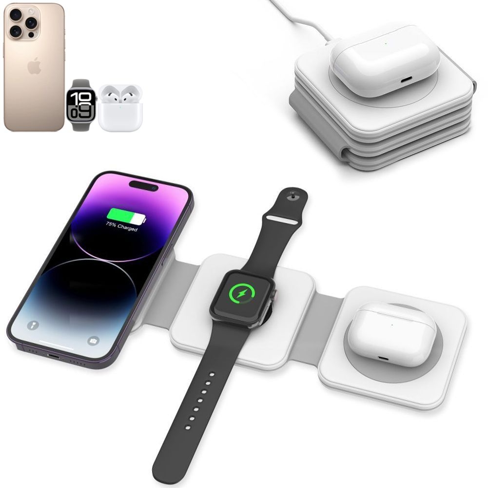 Składana Podróżna Ładowarka Indukcyjna 3w1 | MagSafe 15W | Biała