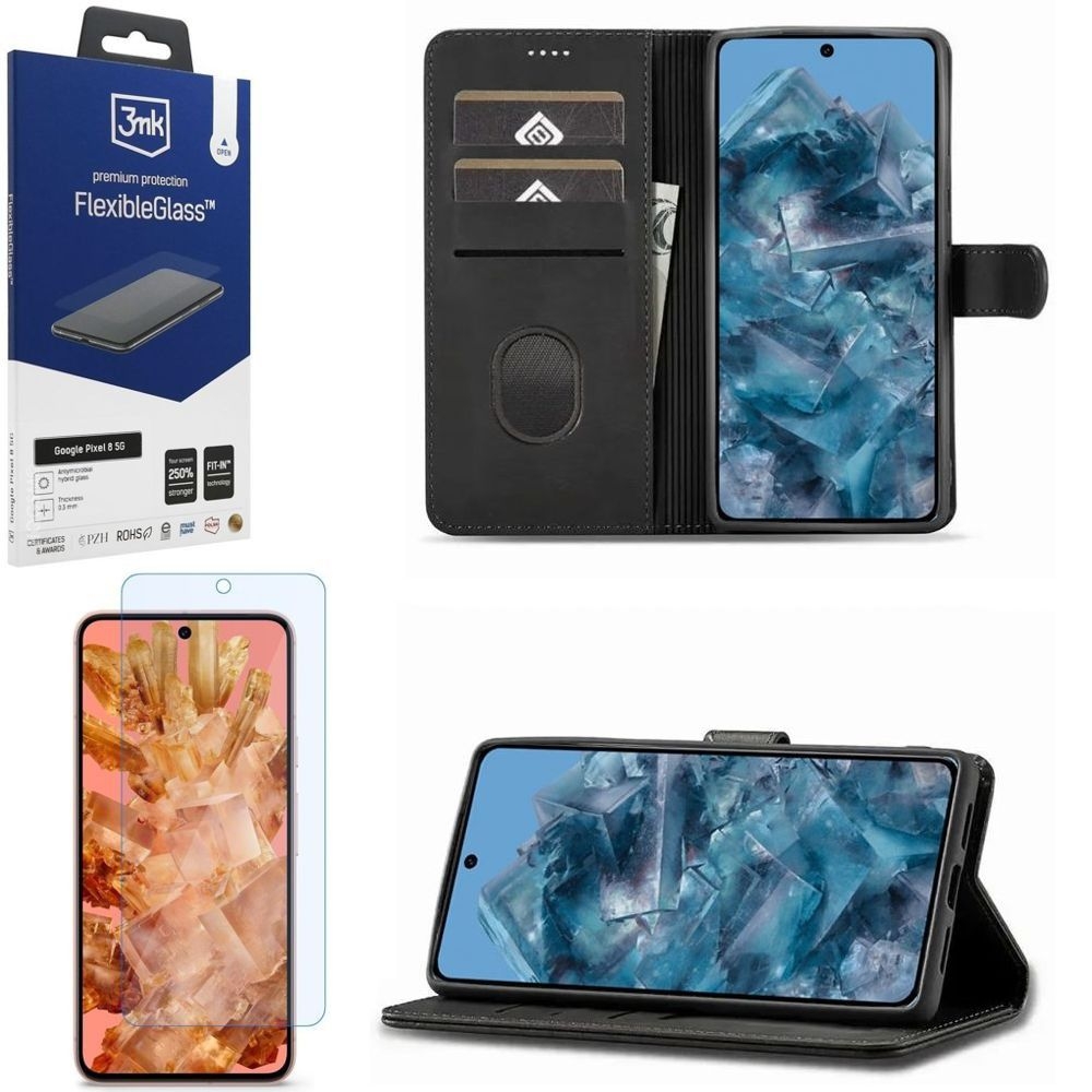 Etui z Klapką Wallet Case | Czarne + SZKŁO 3mk FG do Google Pixel 8 |