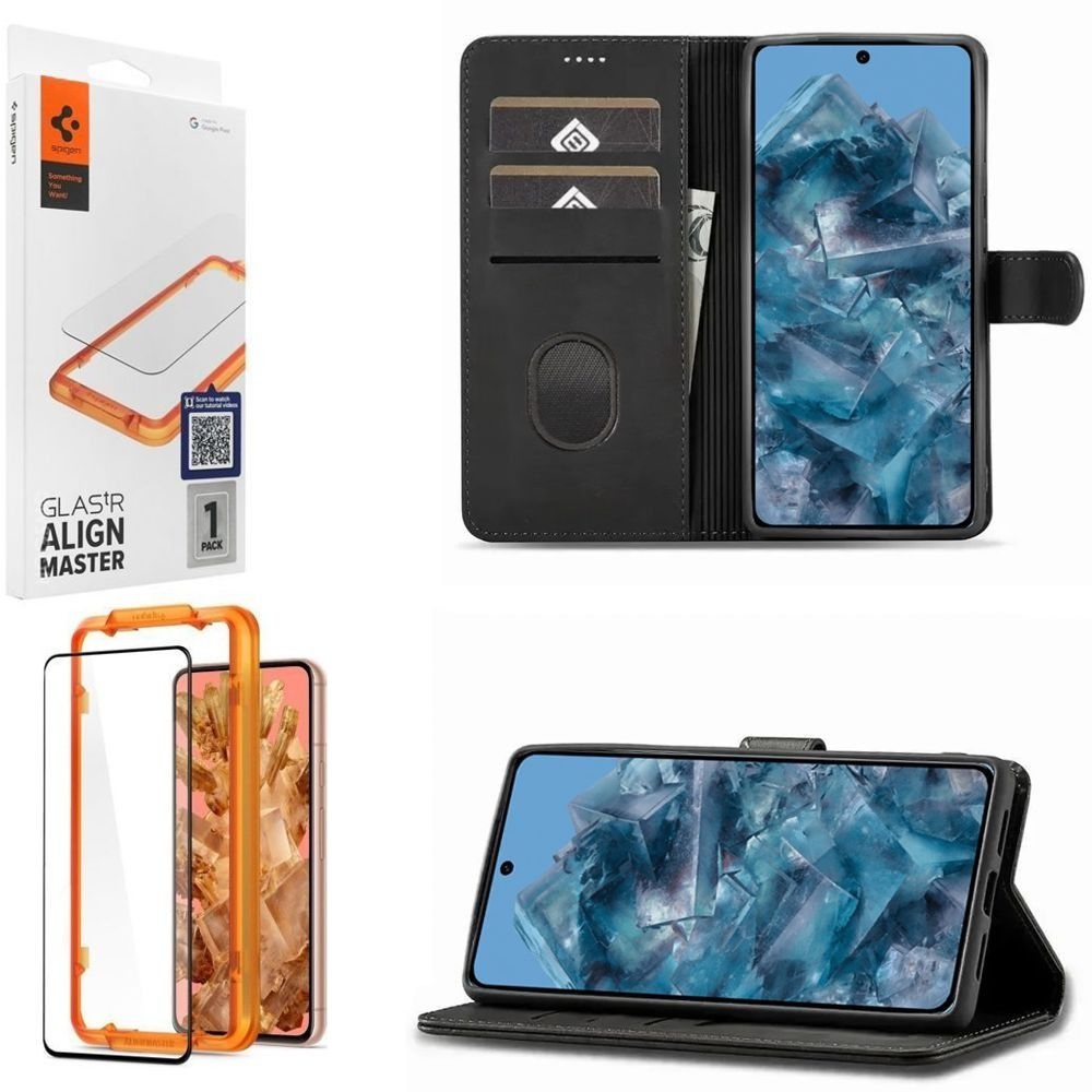 Etui z Klapką Wallet Case | Czarne + SZKŁO Spigen FC do Google Pixel 8 |