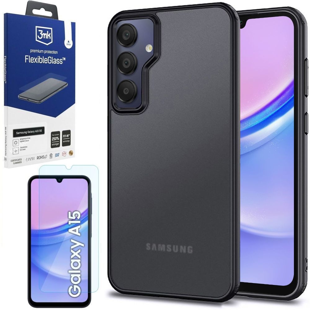 Etui Clear Case | Matte Black + SZKŁO 3mk FG do Samsung Galaxy A15 / 5G