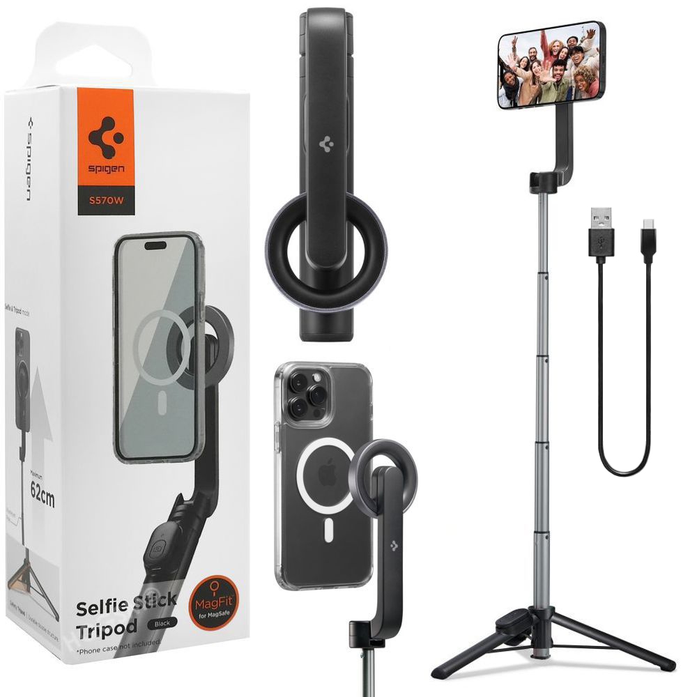 Spigen S570W | Aluminiowy Selfie Stick Bluetooth z MagSafe | Tripod + Pilot | Czarny
