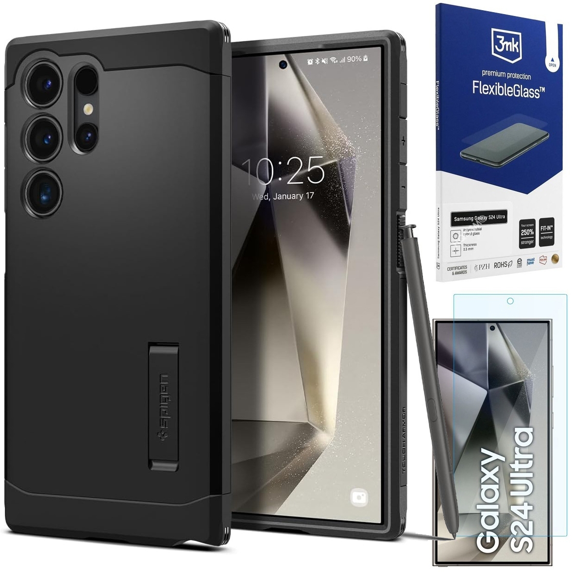 Pancerne Etui SPIGEN Tough Armor | Black + SZKŁO 3mk FG do Samsung Galaxy S24 Ultra