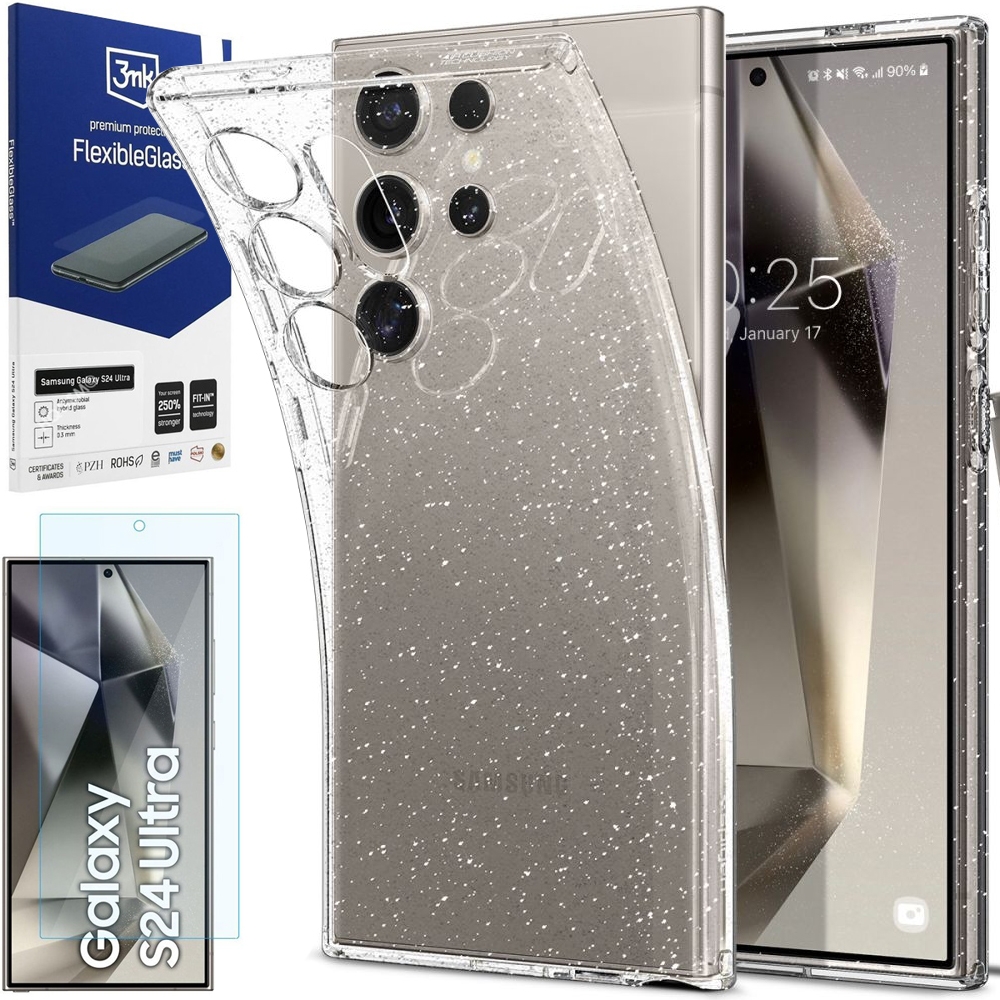 Etui SPIGEN Liquid Crystal Glitter | Crystal Quartz + SZKŁO 3mk FG do Samsung Galaxy S24 Ultra