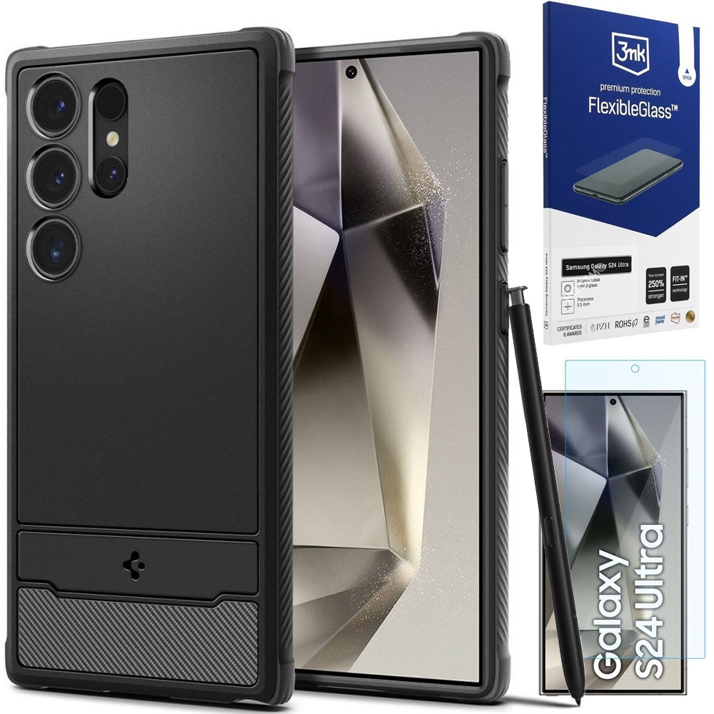 Etui SPIGEN Rugged Armor | Black + SZKŁO 3mk FG do Samsung Galaxy S24 Ultra