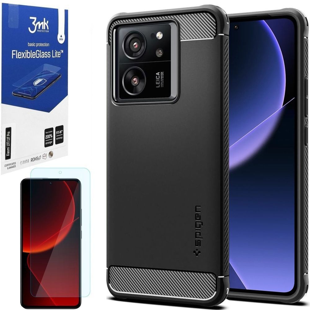 Etui SPIGEN Rugged Armor | Black + SZKŁO 3mk FG Lite do Xiaomi 13T / 13T Pro