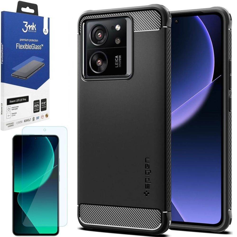 Etui SPIGEN Rugged Armor | Black + SZKŁO 3mk do Xiaomi 13T / 13T Pro