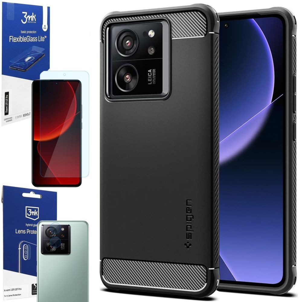 Etui SPIGEN Rugged Armor | Black + SZKŁO 3mk FG Lite + 4x APARAT do Xiaomi 13T / 13T Pro