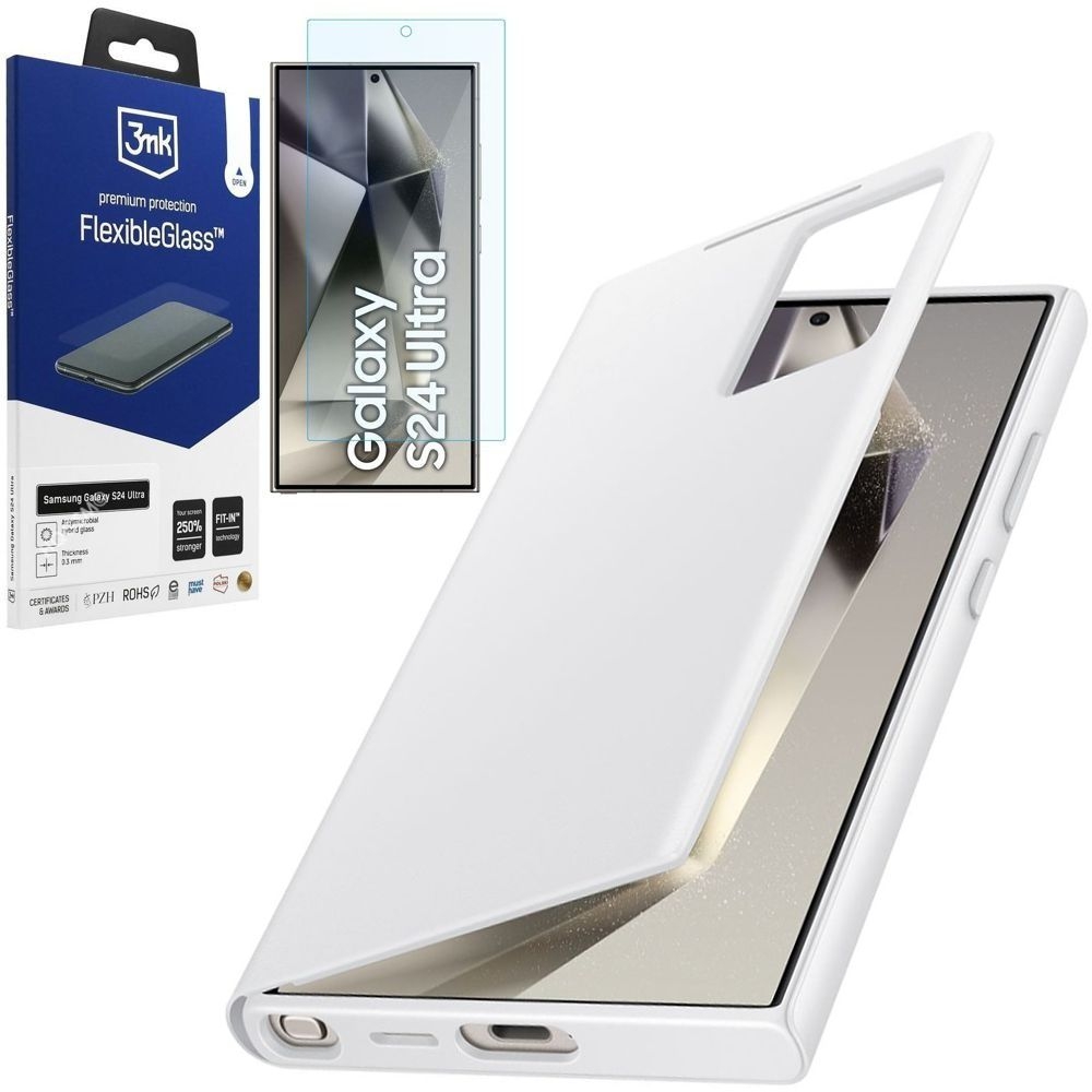 Oryginalne Etui Smart View Wallet Case | Białe + SZKŁO 3mk FG do Samsung Galaxy S24 Ultra