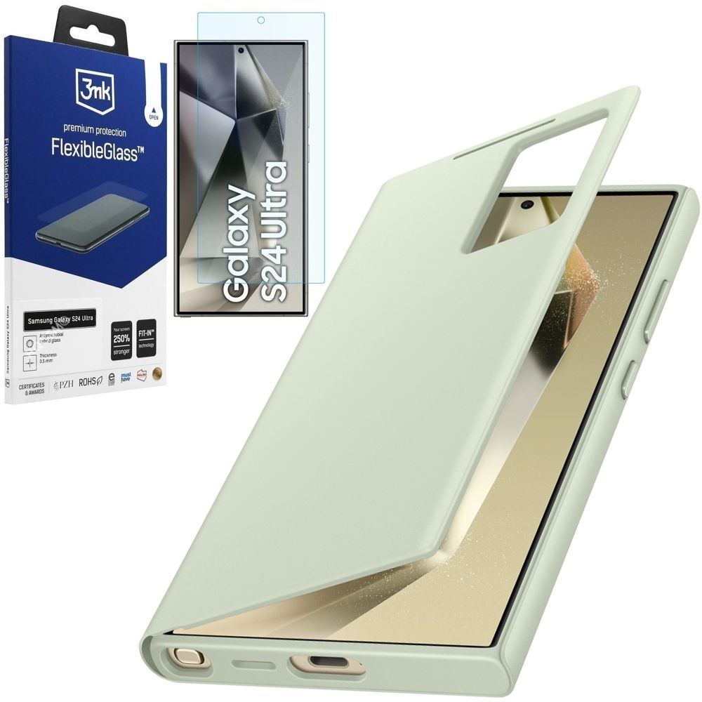 Oryginalne Etui Smart View Wallet Case | Zielone + SZKŁO 3mk FG do Samsung Galaxy S24 Ultra