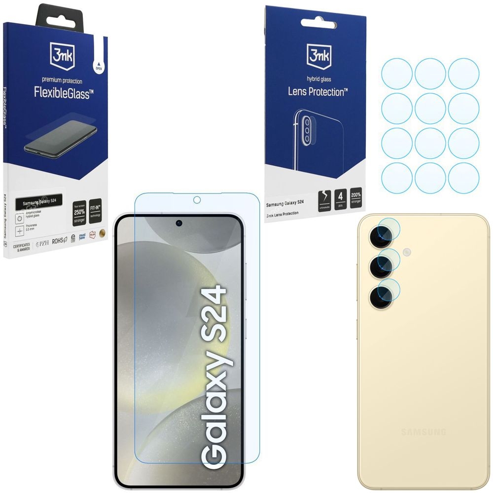 SZKŁO 3mk Flexible Glass + 4x APARAT Lens Protection do Samsung Galaxy S24 |