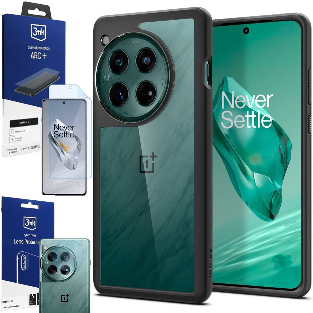 Etui SPIGEN Ultra Hybrid | Matte Black + FOLIA 3mk ARC + 4x APARAT do OnePlus 12