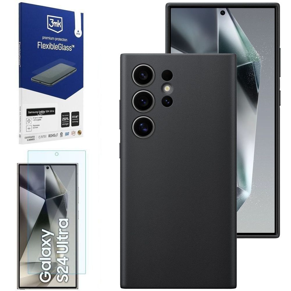 Oryginalne Etui Vegan Leather Case | Czarne + SZKŁO 3mk FG do Samsung Galaxy S24 Ultra