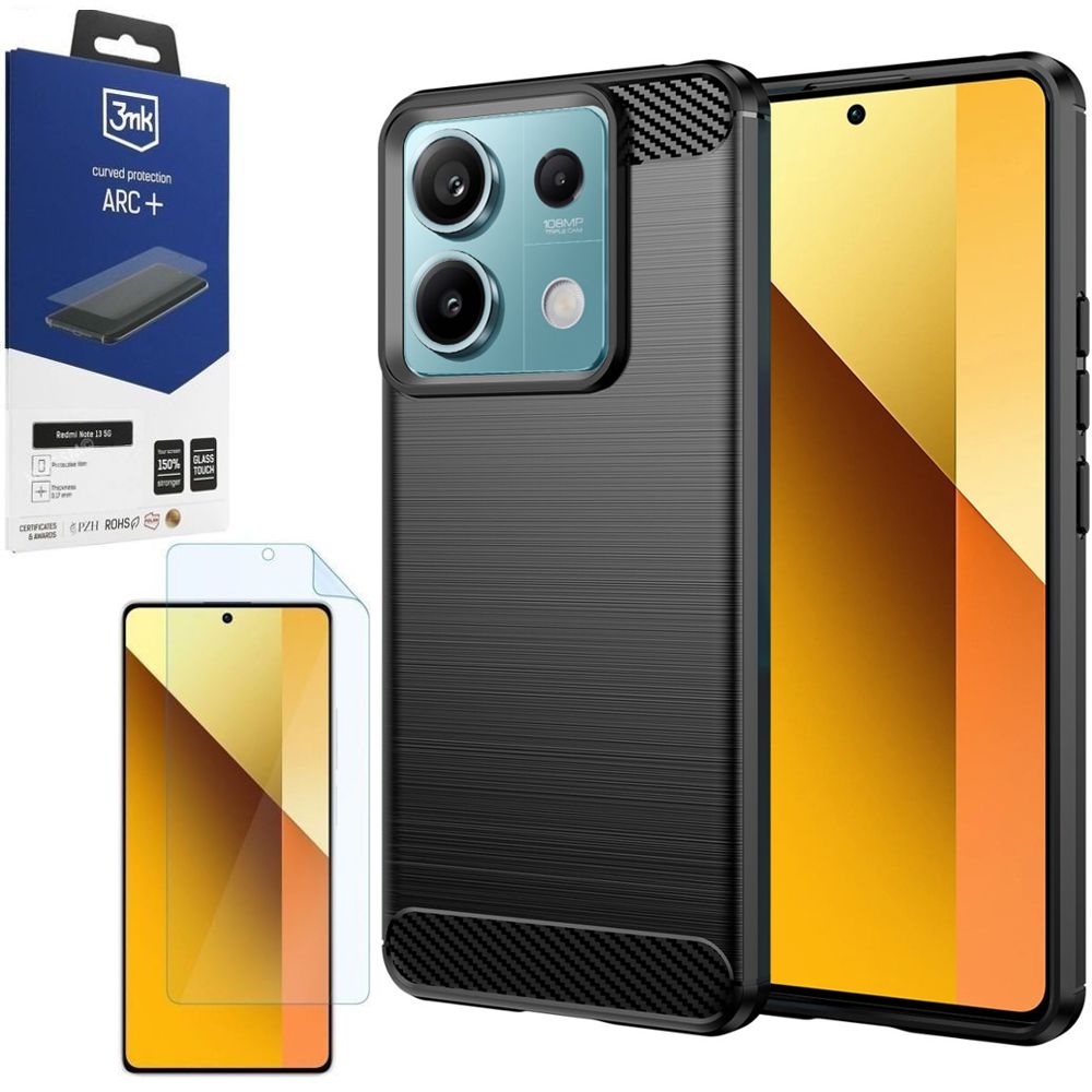 Etui CARBON Soft Case | Coal Black + FOLIA 3mk ARC+ do Xiaomi Redmi Note 13 5G