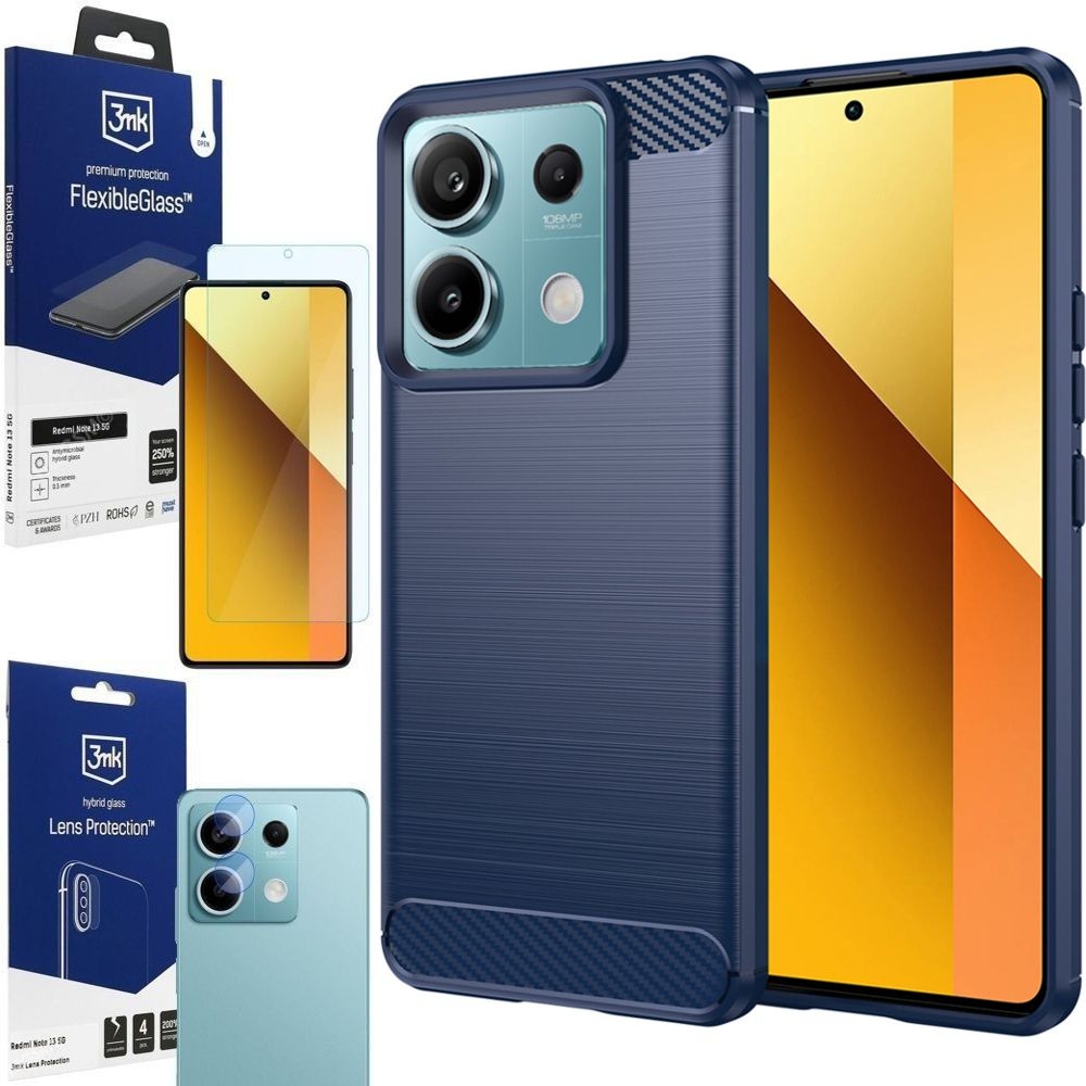 Etui CARBON Soft Case | Blueberry Blue + SZKŁO 3mk + 4x APARAT do Xiaomi Redmi Note 13 5G