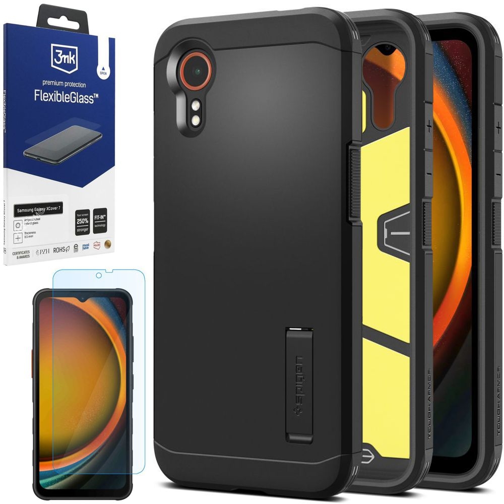 Pancerne Etui SPIGEN Tough Armor | Black + SZKŁO 3mk do Samsung Galaxy XCover 7